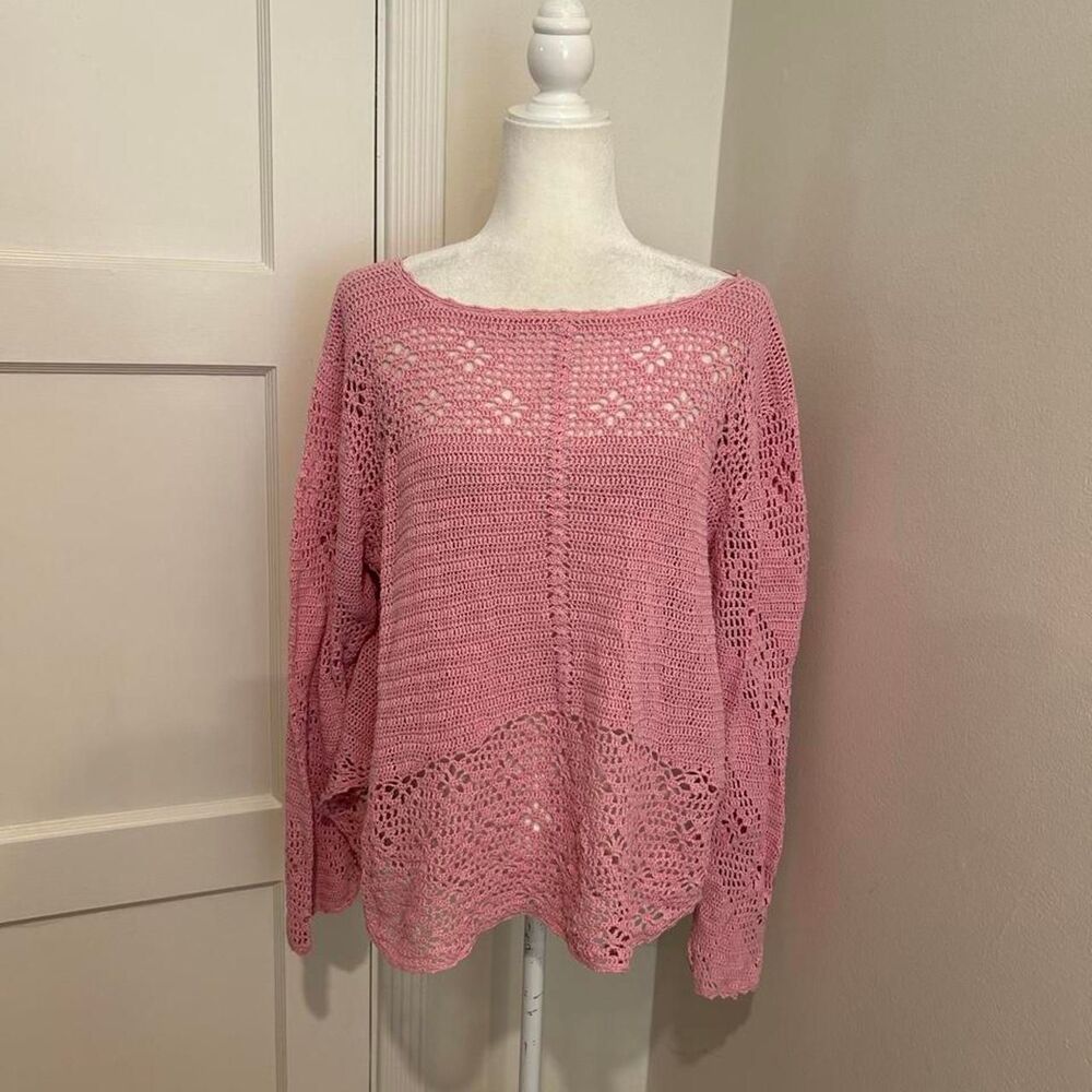 2000s Faded Glory Women's Pink Crochet Cotton Open Knit Sweater Jumper 18/20W